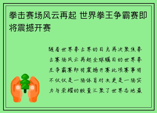 拳击赛场风云再起 世界拳王争霸赛即将震撼开赛